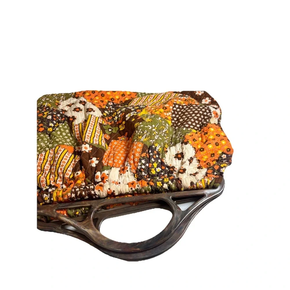 Vintage Groovy Quilted Patchwork Clutch Bag Purse 1960's Handmade Plastic Handle